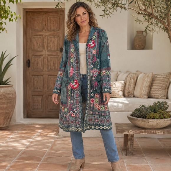 Johnny Was Sweaters - Johnny Was Biya Paco Duster XL Gray Floral Embroidered Hooded Cardigan